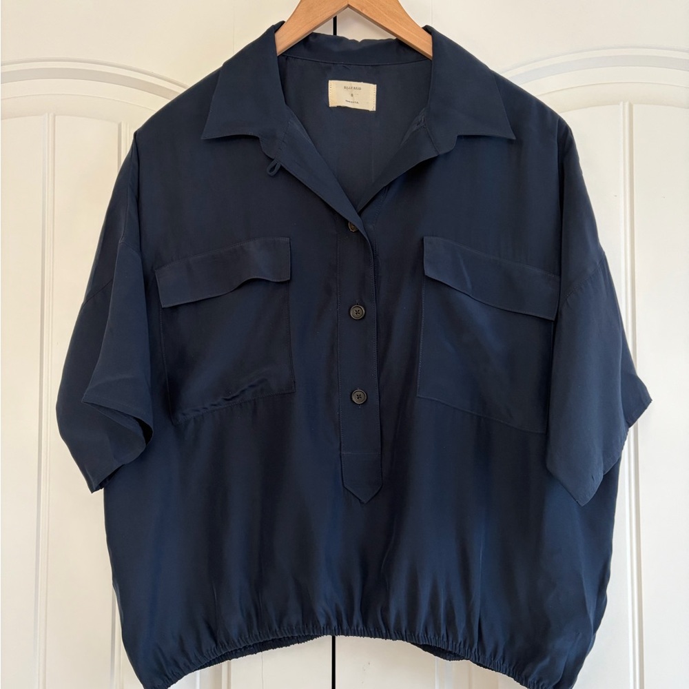 Billy Reid 100% Silk Navy Blouse Women Sz S Short Sleeve Elastic Hem Lightweight
